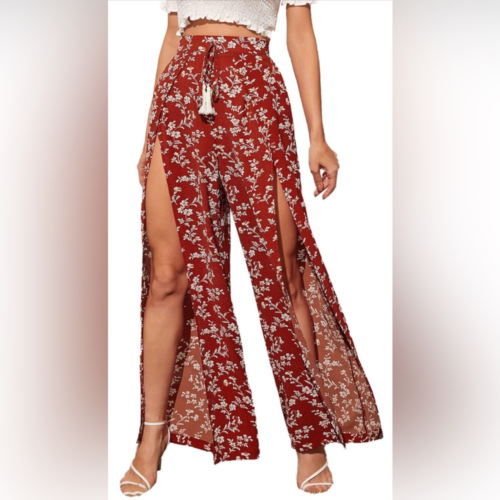 Red and White Wide Leg Pants with Side Slit